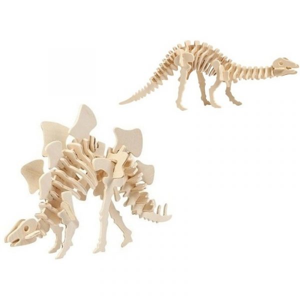 2x Bouwpakketten hout Stegosaurus en Apatosaurus dinosaurus