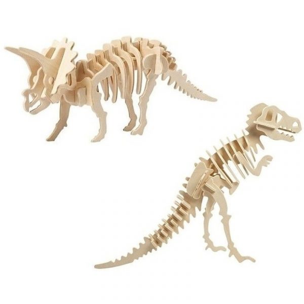 2x Bouwpakketten hout Triceratops en Tyrannosaurus dinosaurus