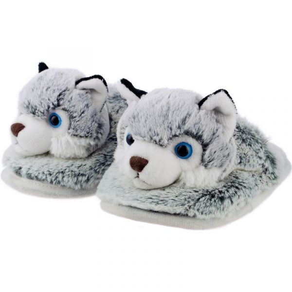 Warme dieren slofjes/pantoffeltjes husky honden grijs/wit voor jongens/meisjes/kinderen