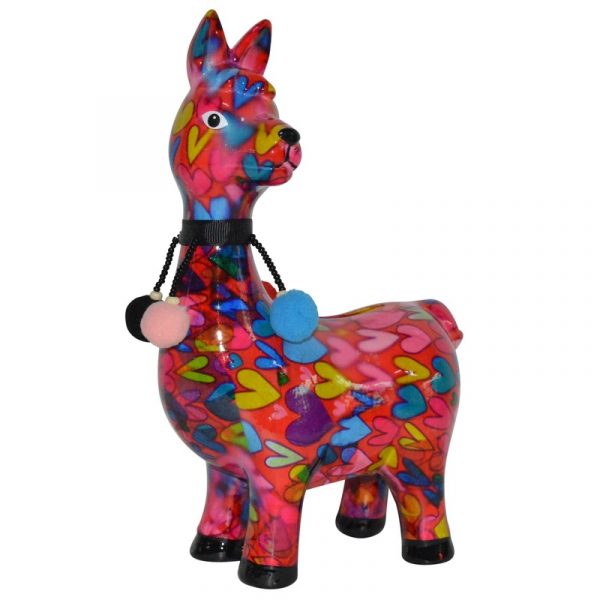 Kado spaarpot lama/alpaca roze met hartjes print 23 cm