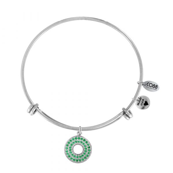 CO88 Collection 8CB-12017 - Stalen bangle met geboortesteen mei | Smaragd en bedels - pavé bezetting - one-size - groen / zilverkleurig