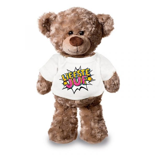 Pluche knuffel met liefste juf t-shirt wit in pop art