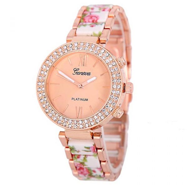 Geneva Platinum horloge Flower Diamonds Rose White