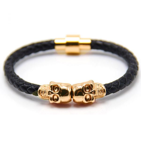 Leren armband Twin Skull Goud Zwart