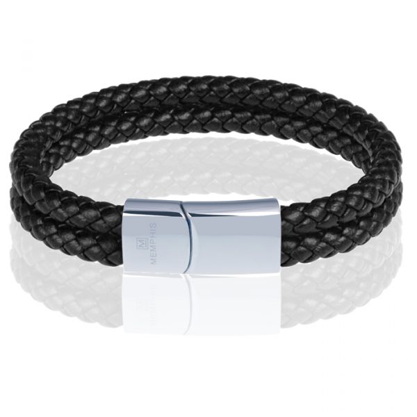 Memphis dubbele leren armband Zwart Zilver