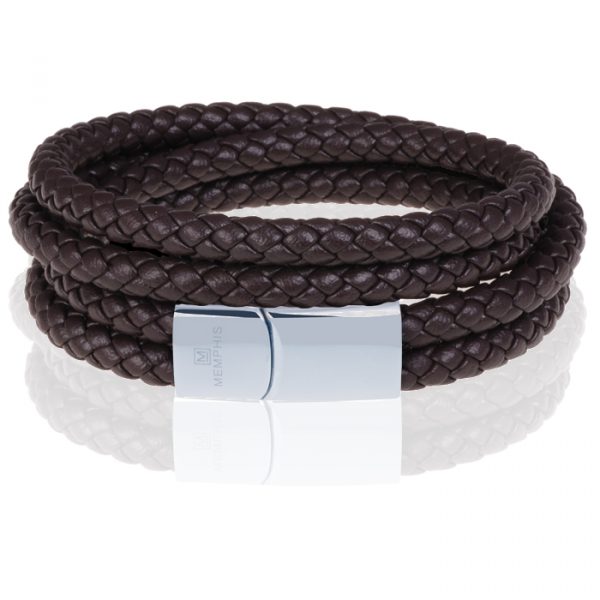 Memphis dubbele wrap armband Leer Bruin Zilver