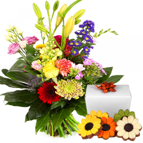 Modern boeket met bloemen chocolade