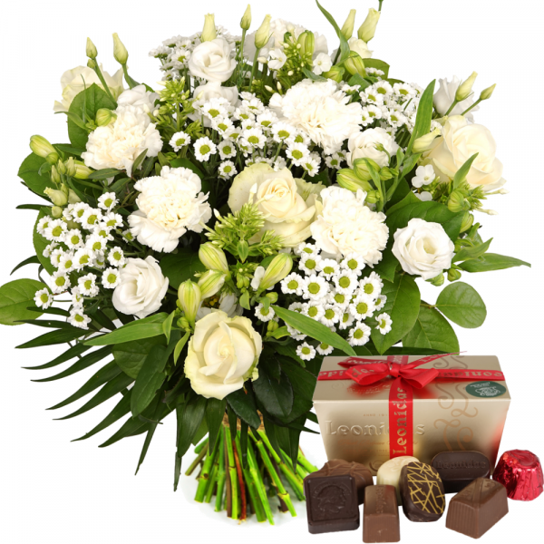 Witte bloemen met Leonidas bonbons