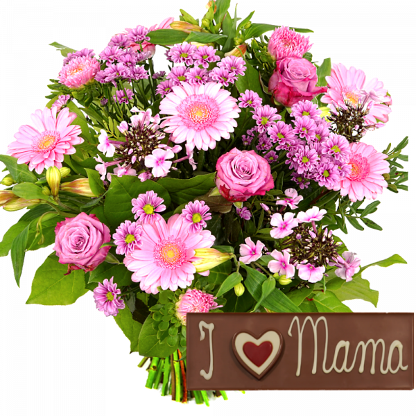 Moederdag boeket roze + chocoladereep I Love mama