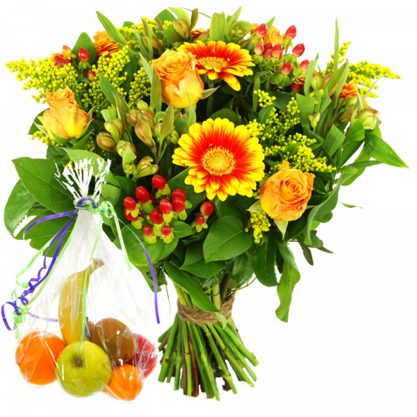 Zak fruit en boeket bloemen