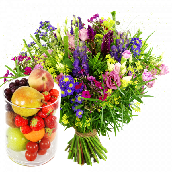 Bloemen bezorgen met glazen vaas en fruit