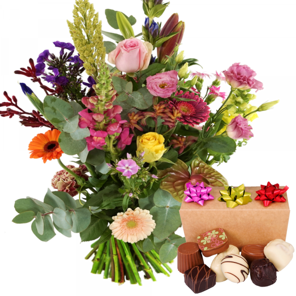 Bloemen tuinboeket met bonbons bestellen