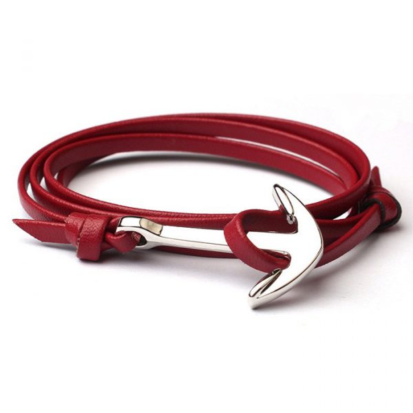 Zilverkleurige anker armband rood leren koord