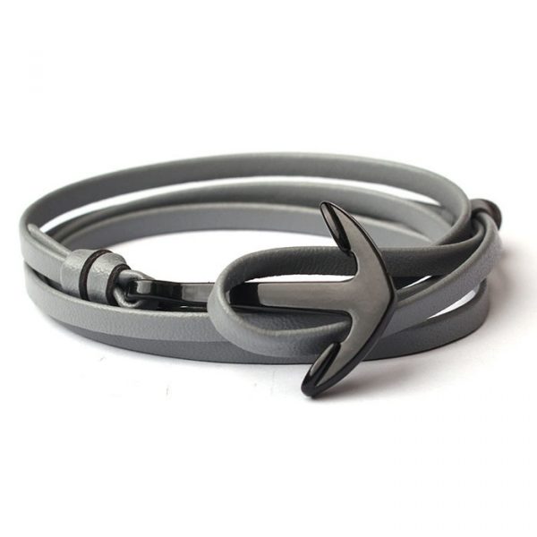 Zwarte anker armband met grijs leren koord