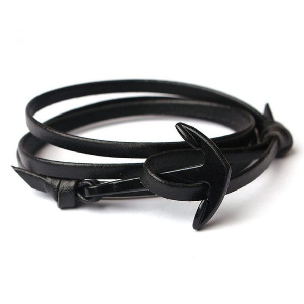 Zwarte anker armband met leren koord