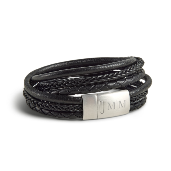 Luxe dubbele heren armband leer graveren - Zwart - L