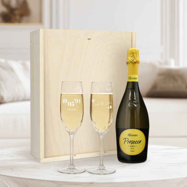 Champagnepakket met gegraveerde glazen - Riondo Prosecco Spumante