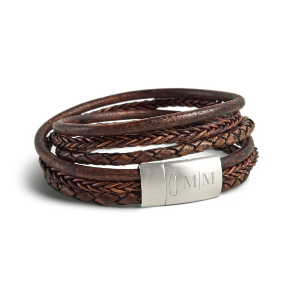 Luxe dubbele heren armband leer graveren - Bruin - S