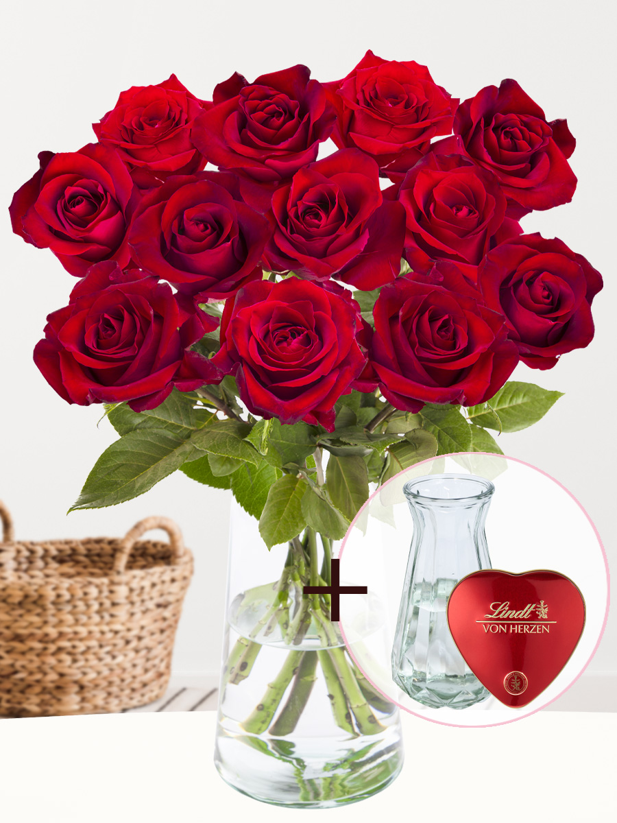 12 rode rozen - EverRed + Lindt hart + glasvaas Evita 1 12 rode rozen - EverRed + Lindt hart + glasvaas Evita