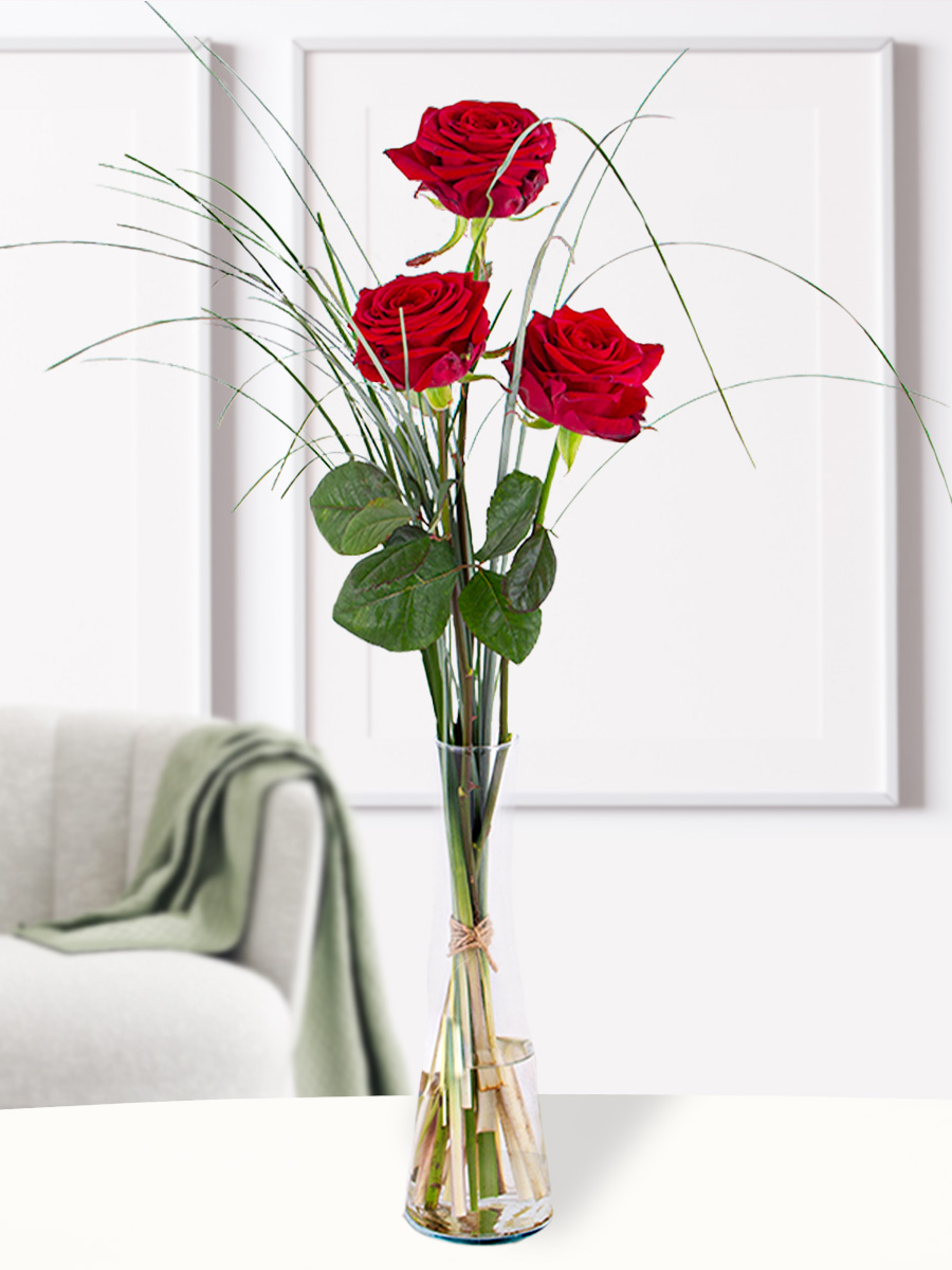 Drie rode rozen - premium rozen + glasvaas Debbie 1 Drie rode rozen - premium rozen + glasvaas Debbie