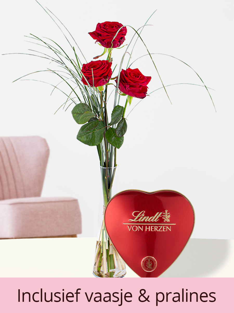 Drie rode rozen inclusief glasvaas en Lindt hart 1 Drie rode rozen inclusief glasvaas en Lindt hart