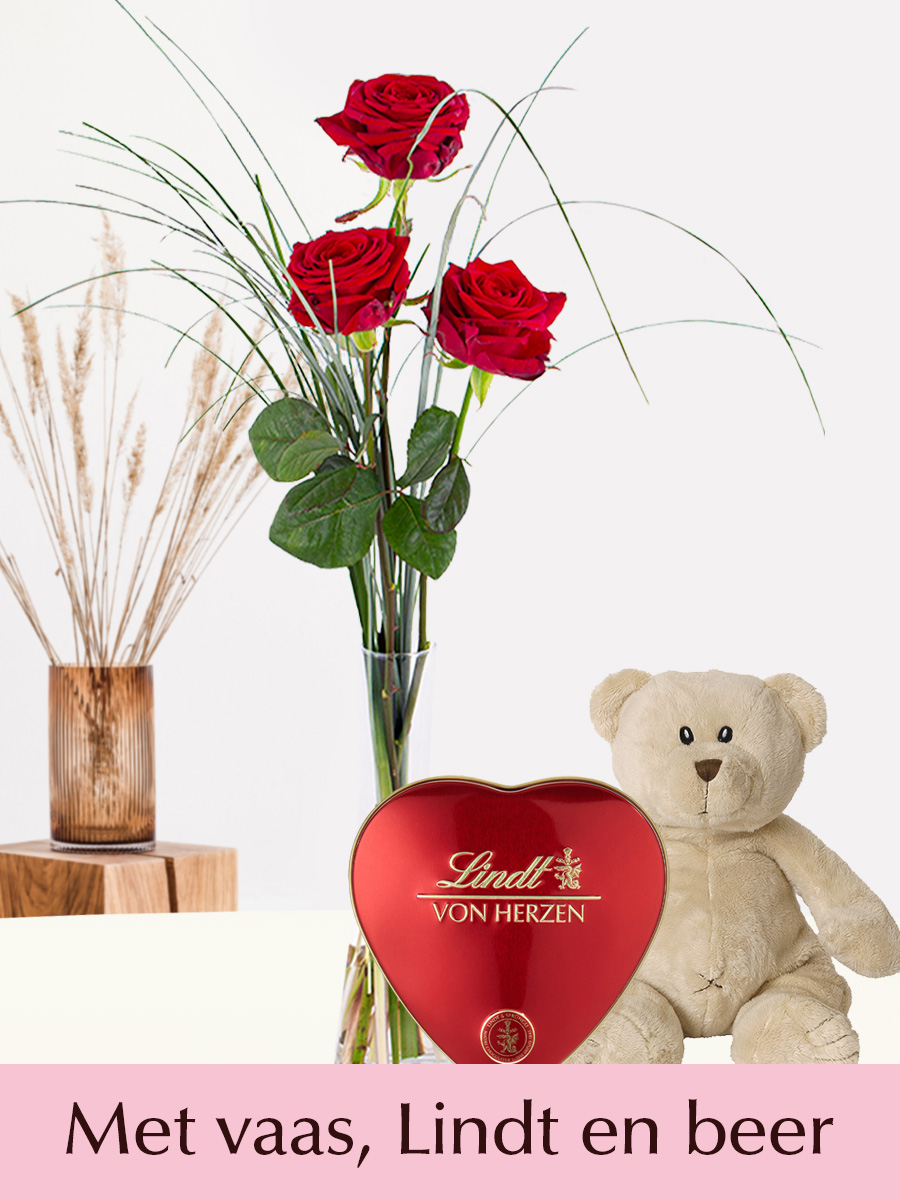 Drie rode rozen inclusief vaas, Lindt hart en teddybeer 17 cm - Valentijnsdag 1 Drie rode rozen inclusief vaas, Lindt hart en teddybeer 17 cm - Valentijnsdag