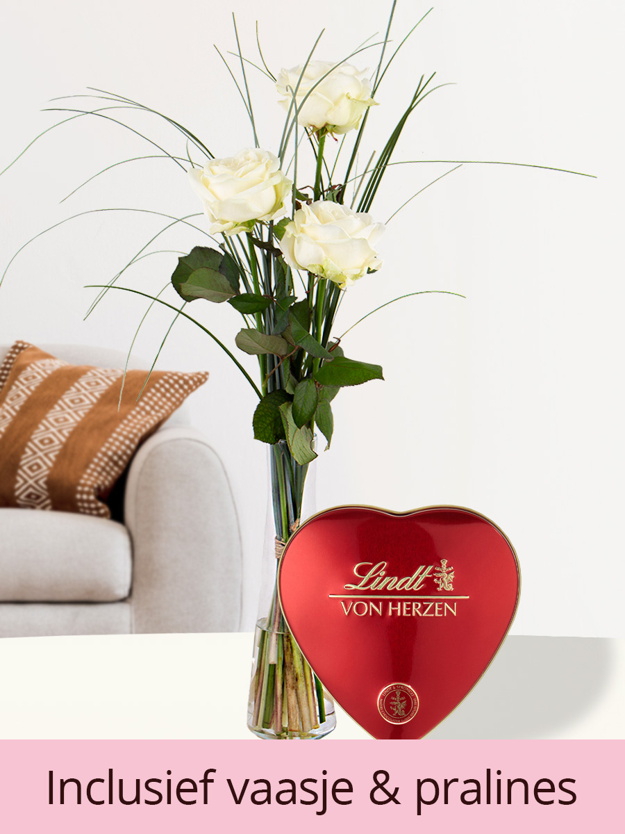 Drie witte rozen inclusief glasvaas en Lindt hart 1 Drie witte rozen inclusief glasvaas en Lindt hart