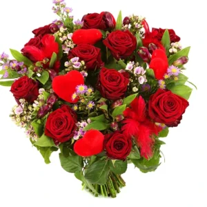Boeket rode rozen met hartjes bestellen