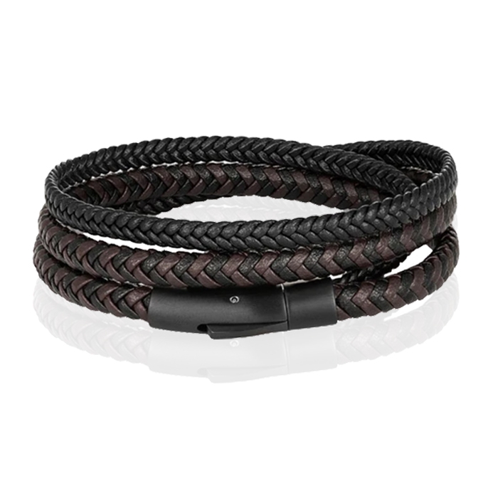 Armband Dubbel Gevlochten Leer - Zwart Bruin-19cm 1 Armband Dubbel Gevlochten Leer - Zwart Bruin-19cm