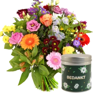 Bedankt bloemen + snoep blikje bedankt