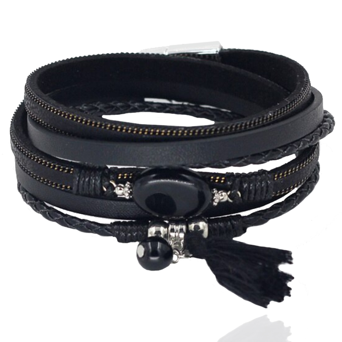 Deja Wikkelarmband Natuursteen & Kwastje - Zwart 1 Deja Wikkelarmband Natuursteen & Kwastje - Zwart