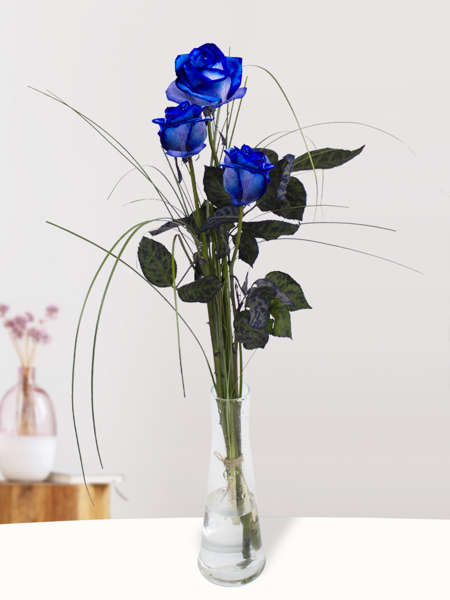 Drie blauwe rozen, inclusief vaasje 1 Drie blauwe rozen, inclusief vaasje