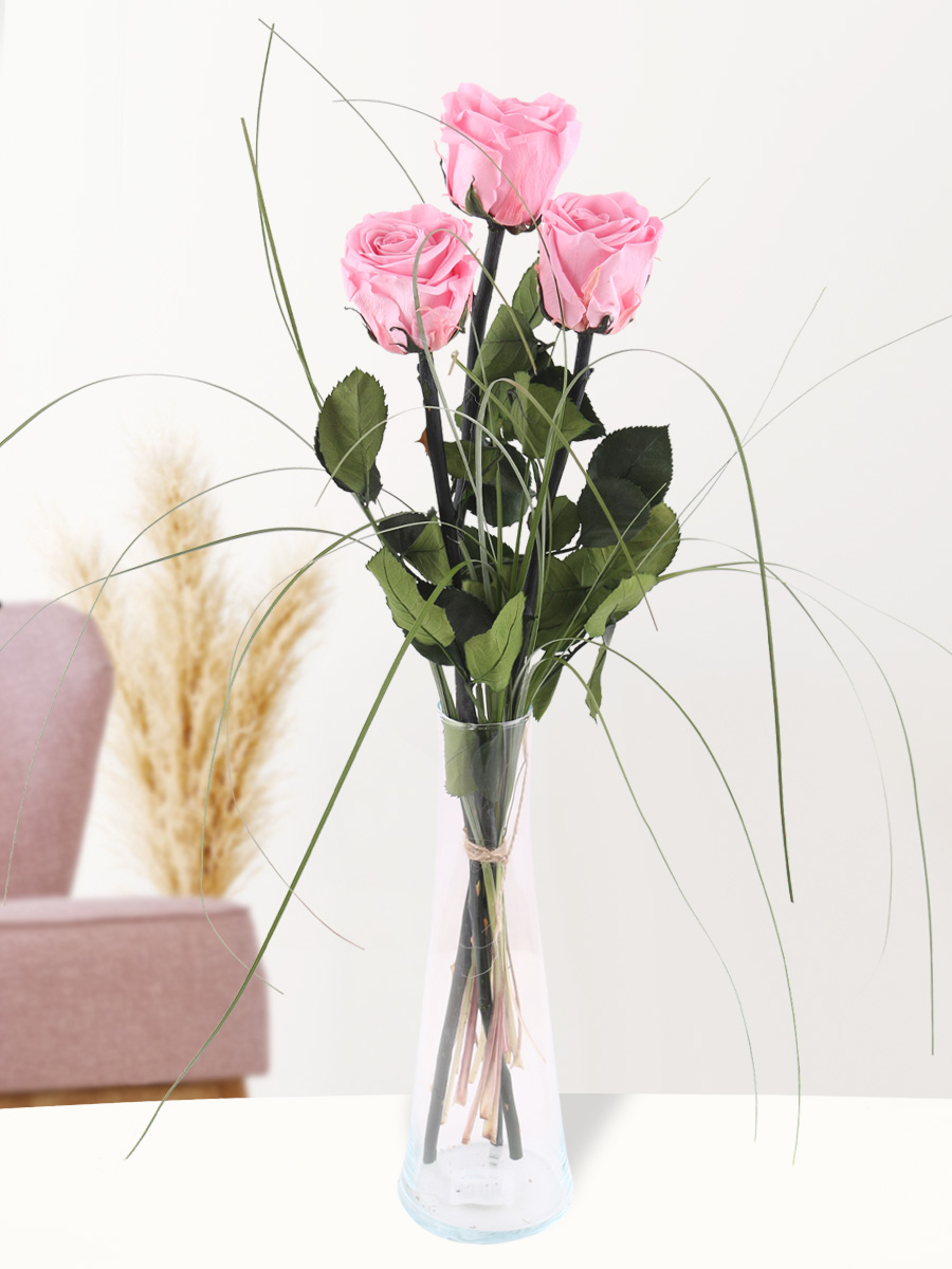 Drie zachtroze long life rozen inclusief vaasje 1 Drie zachtroze long life rozen inclusief vaasje