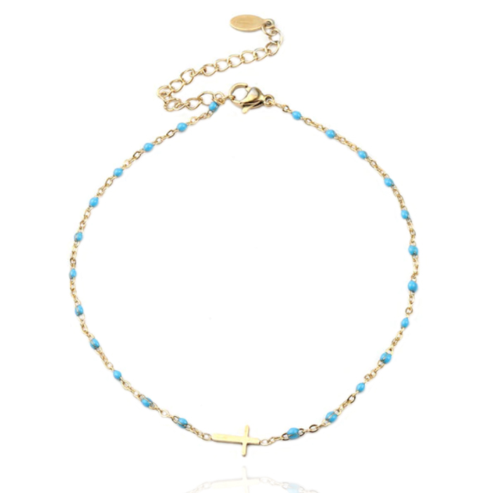 Enkelband Goud & Emaille - Cross Blue 1 Enkelband Goud & Emaille - Cross Blue