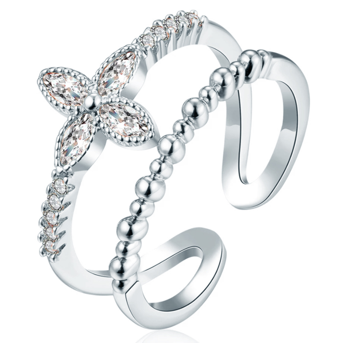 Gedraaide Zilverkleurige Dames Ring met Bloem Zirkonia 1 Gedraaide Zilverkleurige Dames Ring met Bloem Zirkonia