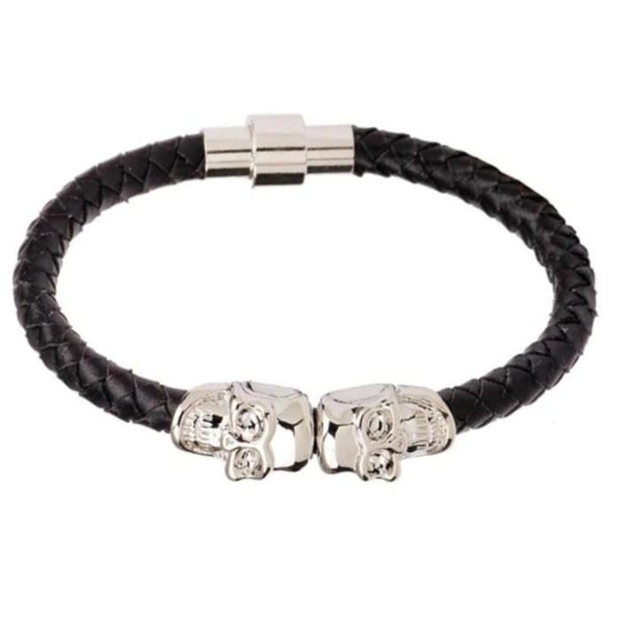 LGT Jewels Leren armband Edelstaal Twin Skull Zwart Zilverkleurig 1 LGT Jewels Leren armband Edelstaal Twin Skull Zwart Zilverkleurig