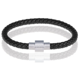 Memphis armband leer met edelstaal Zwart Zilver-21cm