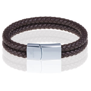 Memphis dubbele leren armband Bruin Zilver-20cm