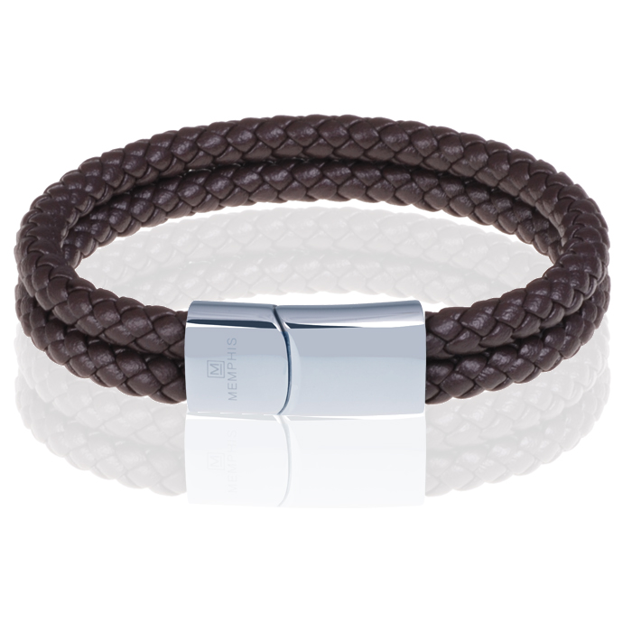Memphis dubbele leren armband Bruin Zilver-19cm 1 Memphis dubbele leren armband Bruin Zilver-19cm