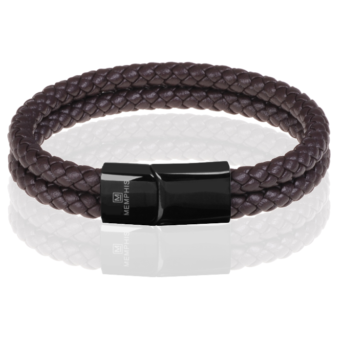 Memphis dubbele leren armband Donkerbruin Zwart-23cm 1 Memphis dubbele leren armband Donkerbruin Zwart-23cm