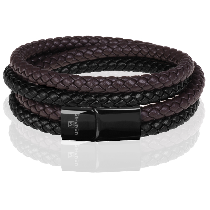 Memphis dubbele wrap armband Duo Leer Bruin Zwart-20cm 1 Memphis dubbele wrap armband Duo Leer Bruin Zwart-20cm