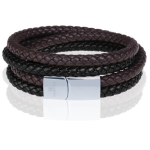 Memphis dubbele wrap armband Duo Leer Bruin Zwart Zilver-19cm