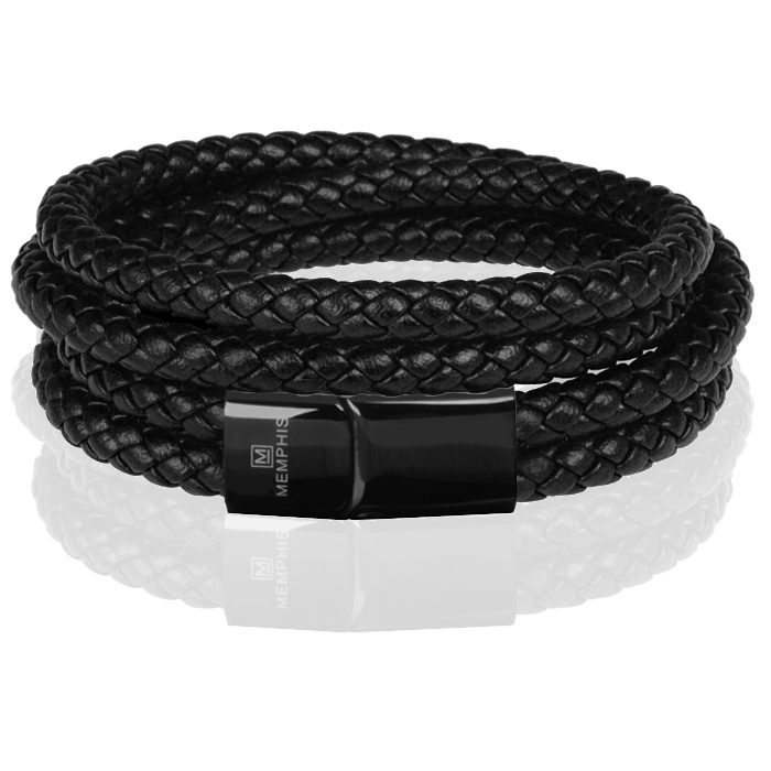 Memphis dubbele wrap armband Leer Zwart-20cm 1 Memphis dubbele wrap armband Leer Zwart-20cm