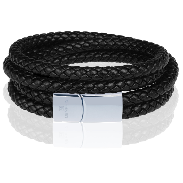 Memphis dubbele wrap armband Leer Zwart Zilver-23cm 1 Memphis dubbele wrap armband Leer Zwart Zilver-23cm