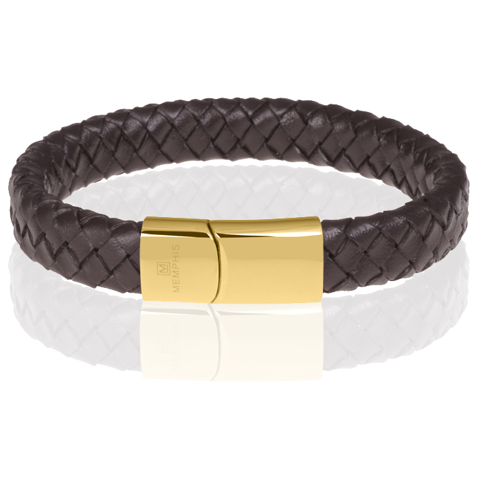 Memphis gevlochten leren armband Bruin Goud-19cm 1 Memphis gevlochten leren armband Bruin Goud-19cm