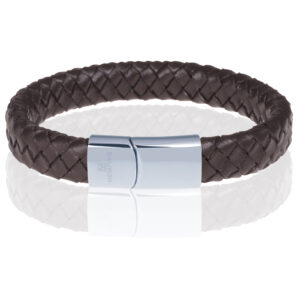 Memphis gevlochten leren armband Bruin Zilver-20cm