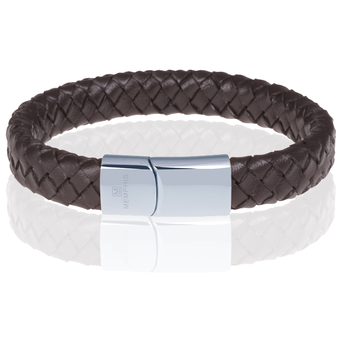 Memphis gevlochten leren armband Bruin Zilver-20cm 1 Memphis gevlochten leren armband Bruin Zilver-20cm