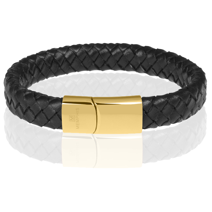 Memphis gevlochten leren armband Zwart Goud-22cm 1 Memphis gevlochten leren armband Zwart Goud-22cm