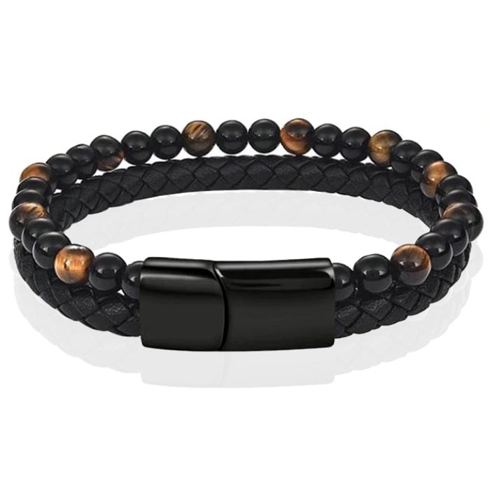 Memphis Heren armband zwart leer Tijgeroog kralen Edelstaal magneet sluiting-23cm