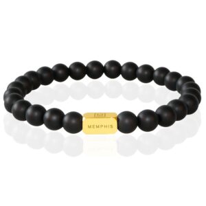 Memphis Kralen Armband Matzwarte Agaat Edelstaal Kraal Goudkleurig-21cm